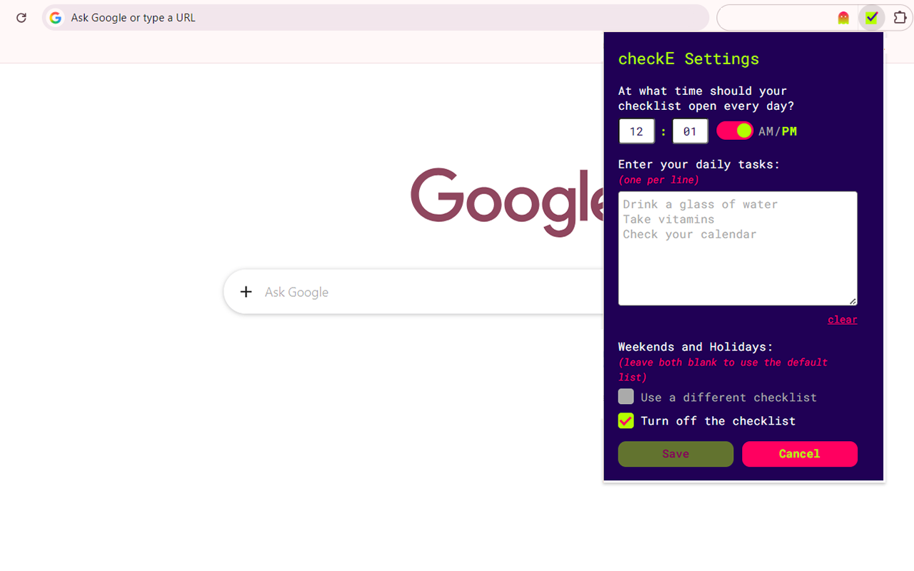 Screenshot of checkE in action.
